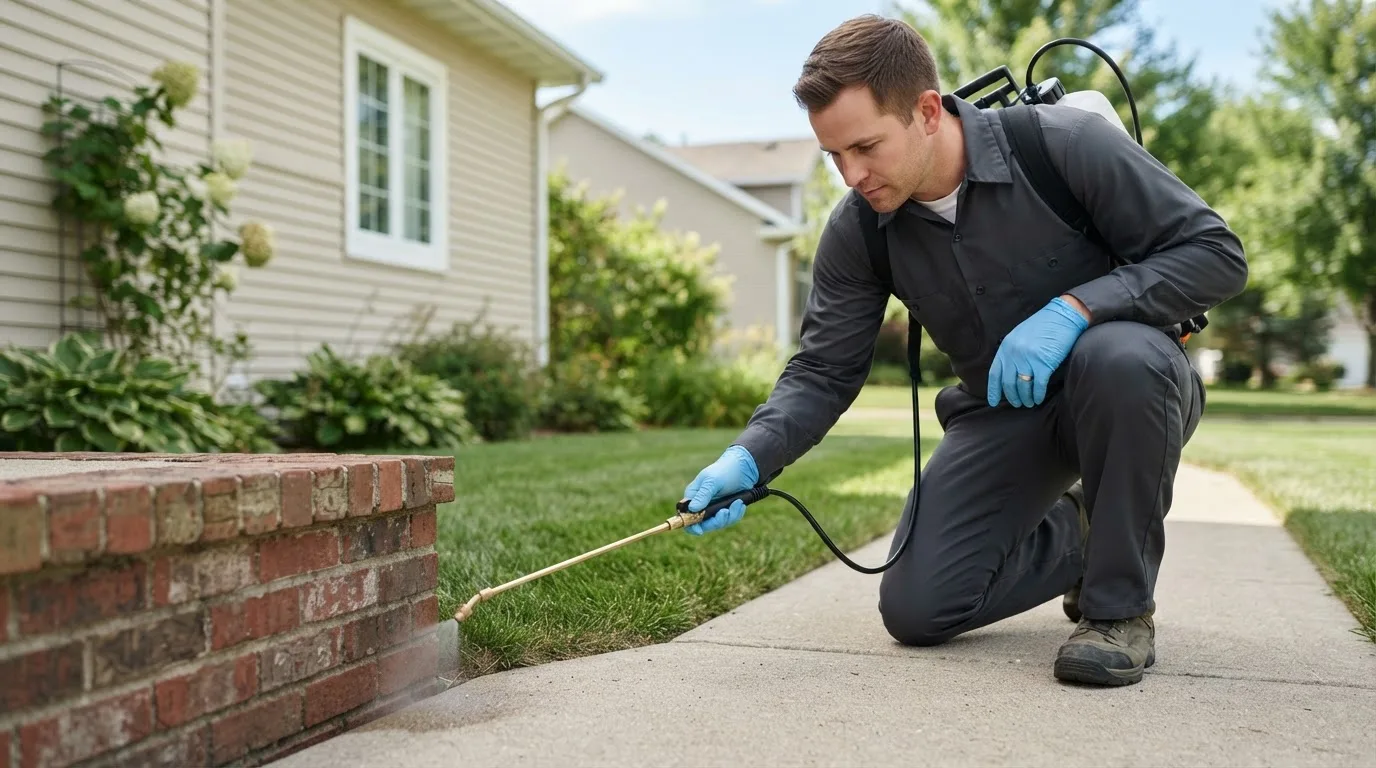 Pest control technician treating a home near Killbuck, OH
