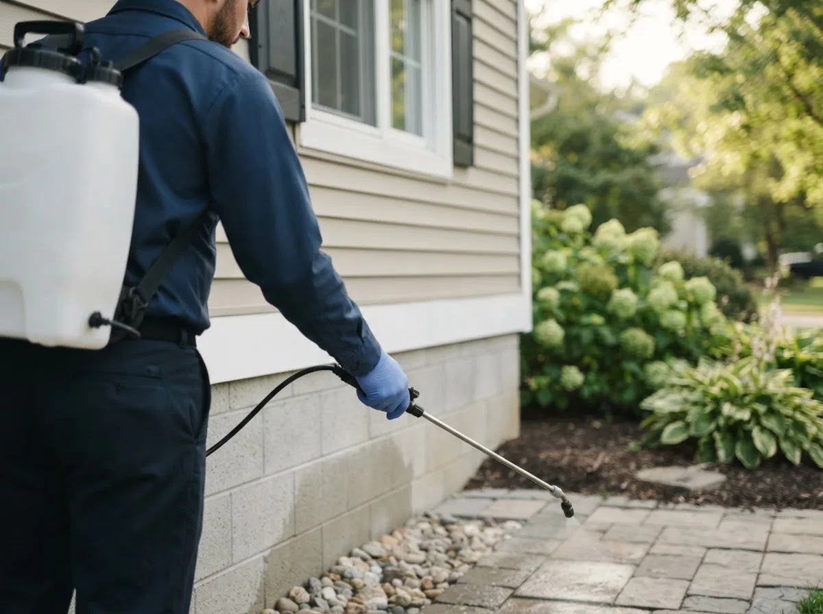 Pest control technician inspecting a home in Killbuck, OH